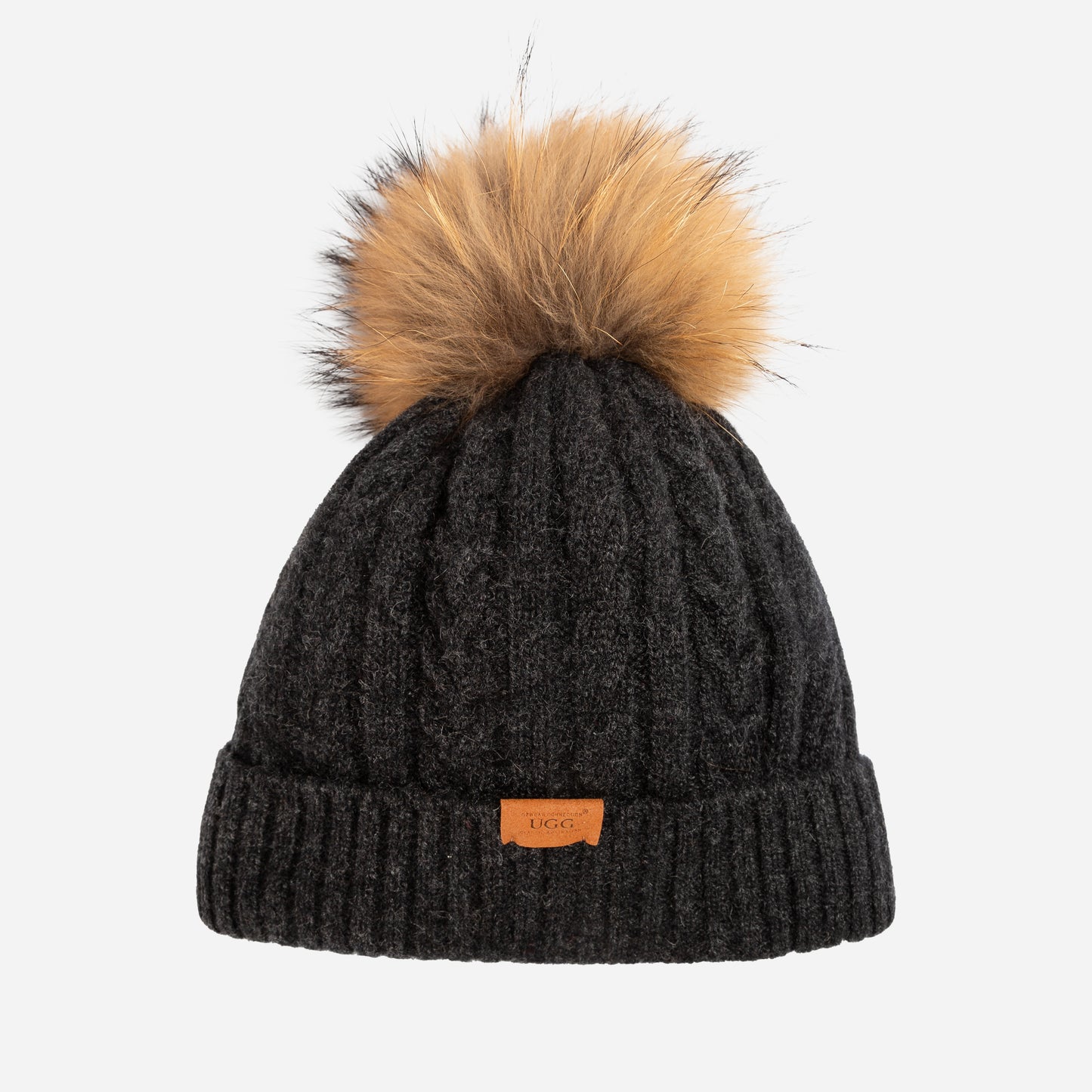 OZWEAR UGG Cable Knit Pure Cashmere Beanie With Detachable Pom Pom (Raccoon) OZC001