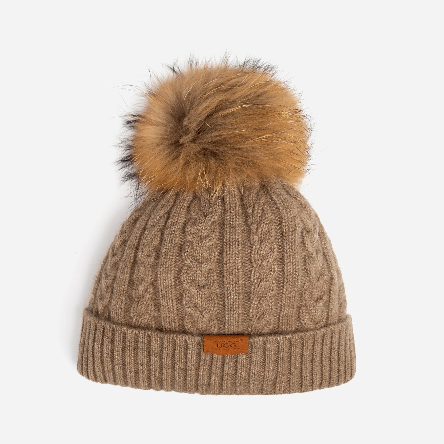 OZWEAR UGG Cable Knit Pure Cashmere Beanie With Detachable Pom Pom (Raccoon) OZC001