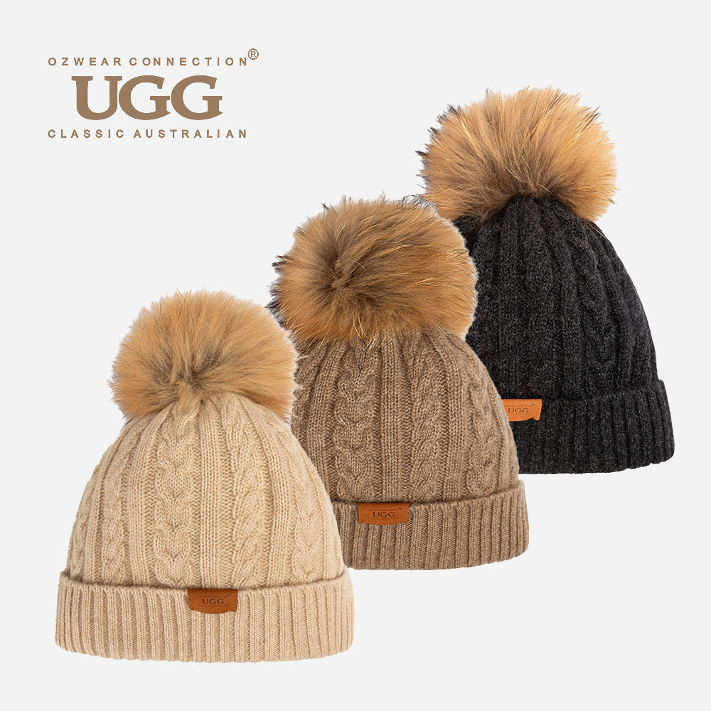 OZWEAR UGG Cable Knit Pure Cashmere Beanie With Detachable Pom Pom (Raccoon) OZC001