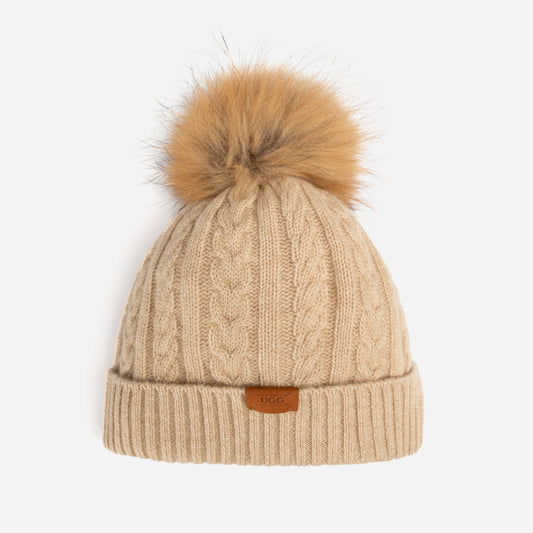 OZWEAR UGG Cable Knit Pure Cashmere Beanie With Detachable Pom Pom (Raccoon) OZC001