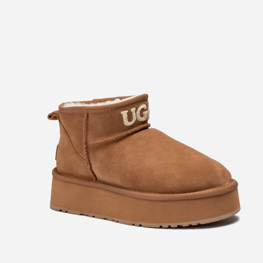 OZWEAR UGG Classic Platform Knit Logo Ultra Mini Boots