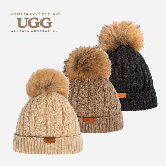OZWEAR OZC001 Cable Knit Pure Cashmere Beanie (with Detachable Racoon Pom Pom)