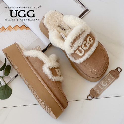 OZWEAR OB938PD Violet Shearling Platform Slipper (Elastic Logo Strap)