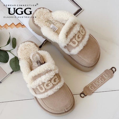 OZWEAR OB938PD Violet Shearling Platform Slipper (Elastic Logo Strap)