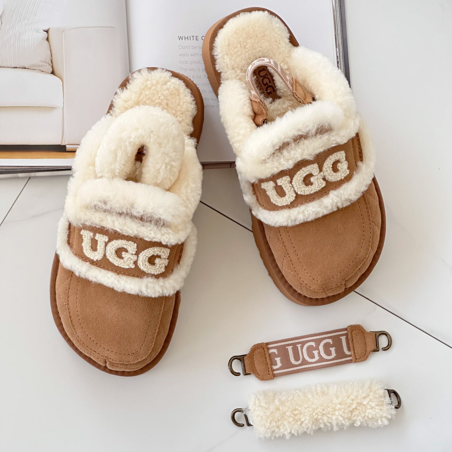 OZWEAR OB938MPDF Violet Shearling Platform Slipper (Elastic logo & Wool strap - 2 straps included)