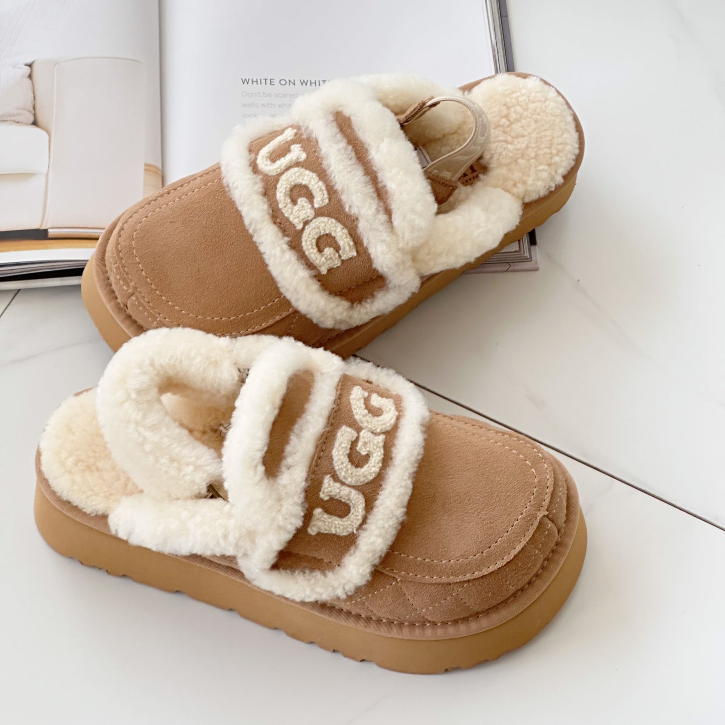 OZWEAR OB938MPDF Violet Shearling Platform Slipper (Elastic logo & Wool strap - 2 straps included)