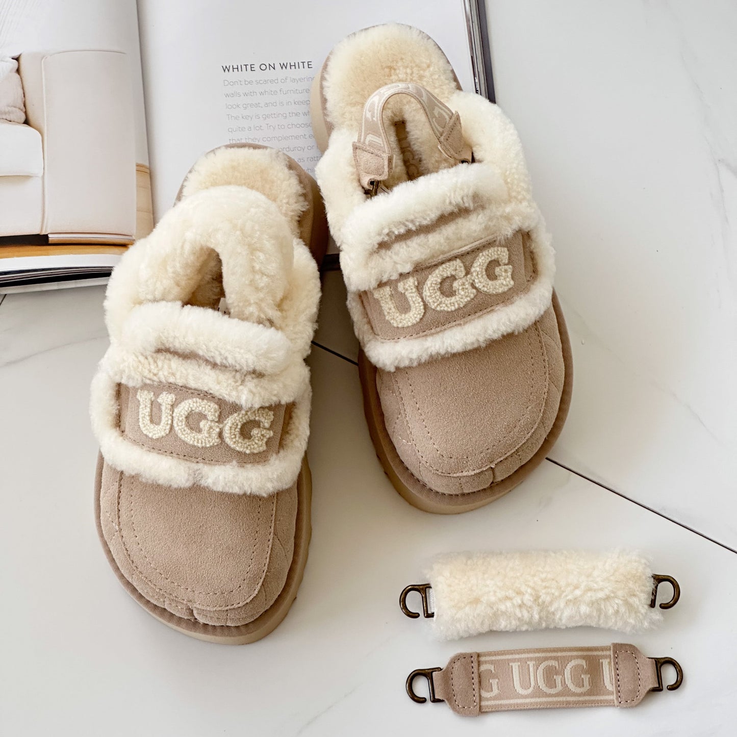 OZWEAR OB938MPDF Violet Shearling Platform Slipper (Elastic logo & Wool strap - 2 straps included)